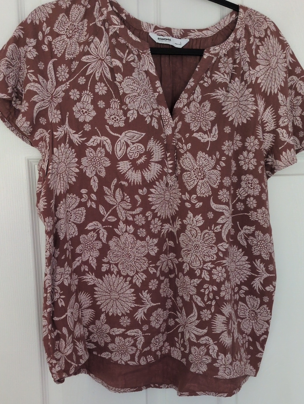 Sonoma Brown Floral Split V-Neck Blouse